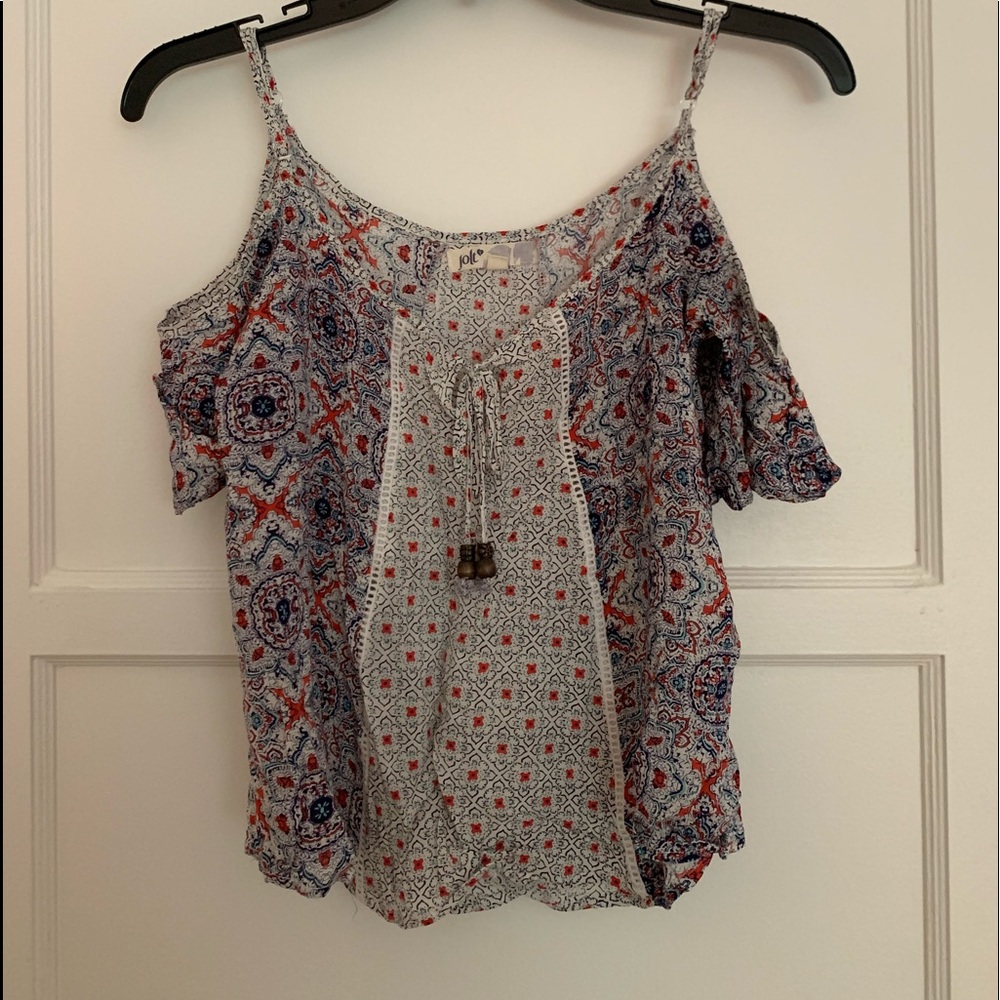 Patterned blouse with beads and open shoulders